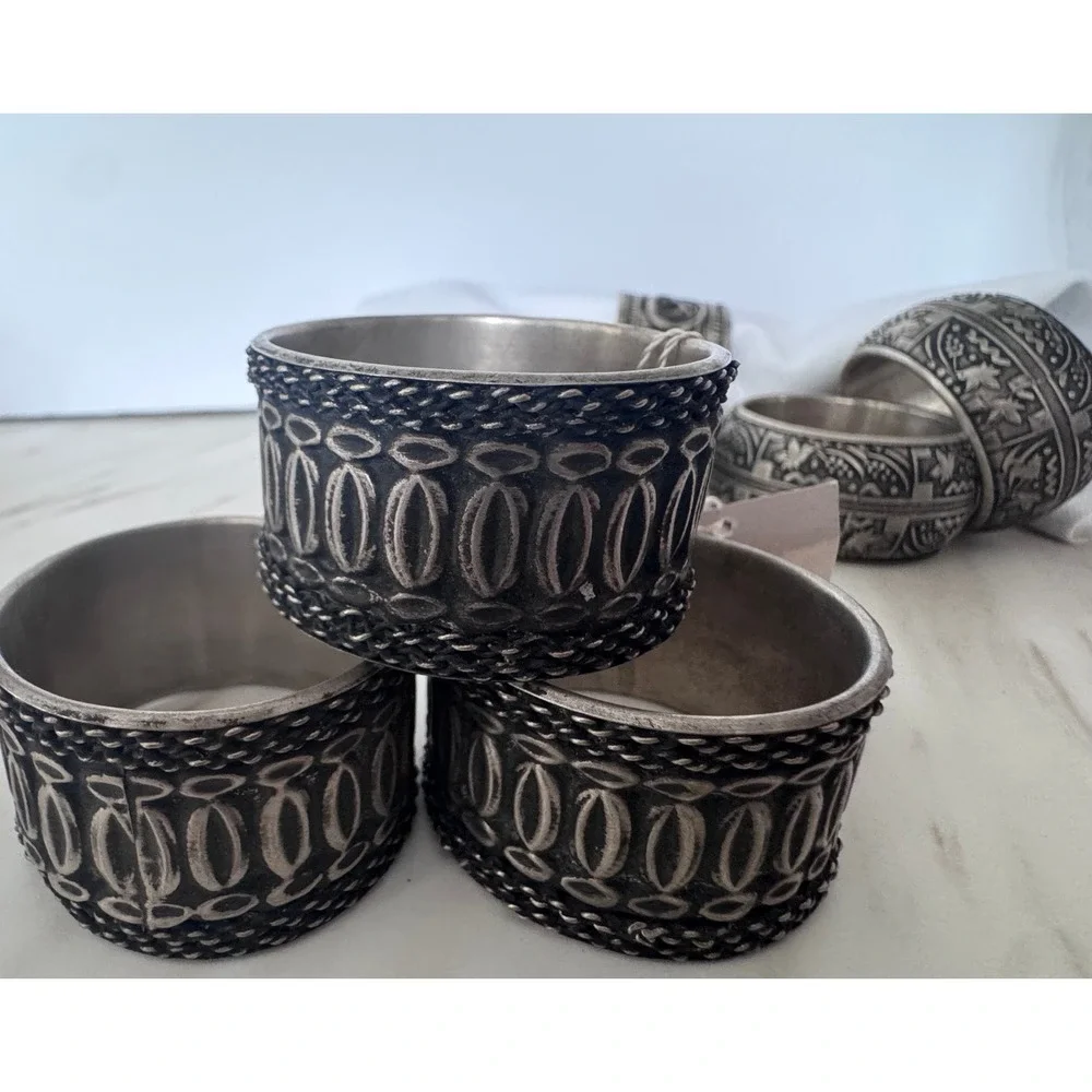 Vintage Mixed‎ Silver Metal Napkin Rings Set of 7 India Boho Floral Bird Ornate